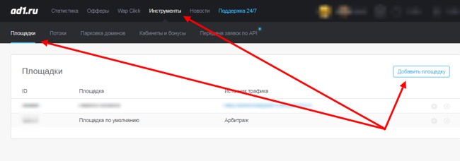 Добавление новой площадки в ad1.ru